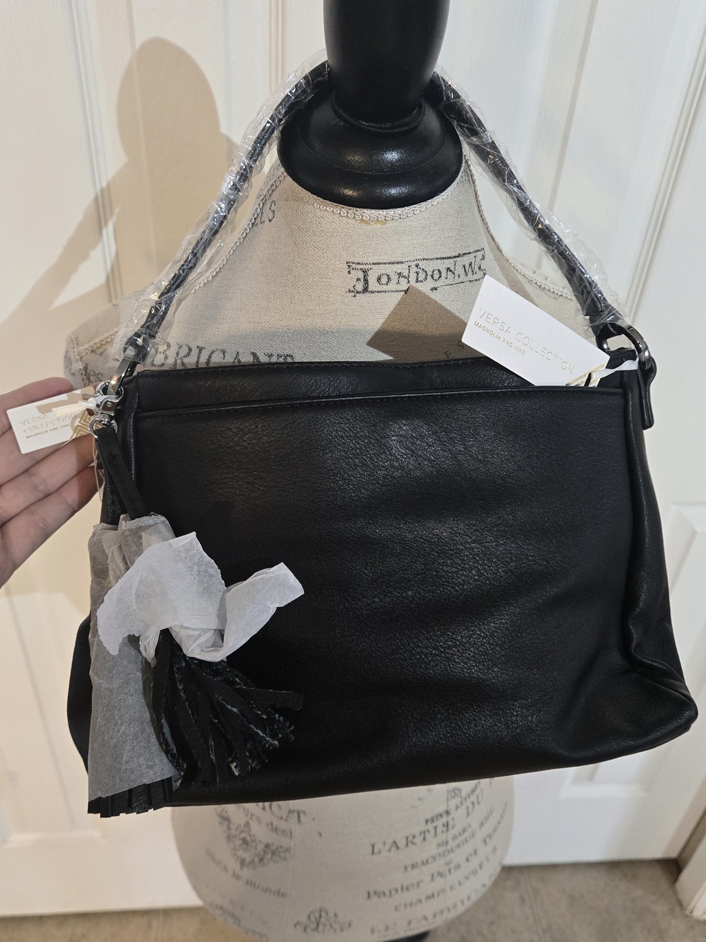 Versace Collection Black Leather Shoulder Tote with Tassel Accent